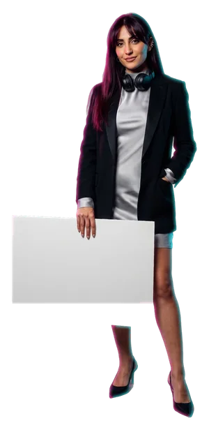 Leila Haddad, a generated character, carrying a white board at her side; the board reads: 6.3 km to PURE Yellowhead.