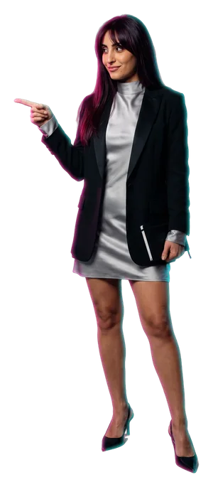 Leila Haddad, a generated character in a silver mini dress and a black tuxedo jacket, pointing to the Dealing now screen.