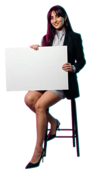 Leila Haddad, a generated character, sitting on a tall stool with a white board on her knees; the board reads: 24 hours Thursday to Sunday River Cree.