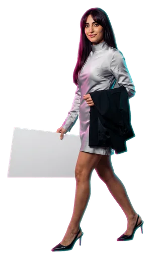 Leila Haddad, a generated character, walking with her jacket over one arm and a white board in her hand; the board reads: open 24/7.